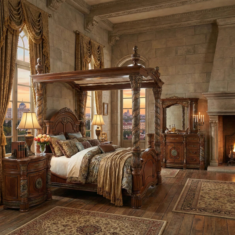 Villa Valencia King Wood and Marble Canopy Bed