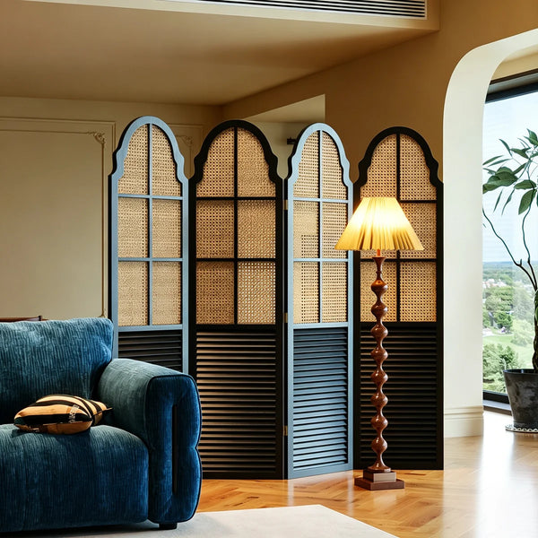 Solid Wood Rattan Foldable Movable Privacy Screen  Wooden Bazar