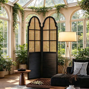 Solid Wood Rattan Foldable Movable Privacy Screen  Wooden Bazar