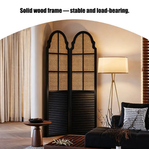 Solid Wood Rattan Foldable Movable Privacy Screen  Wooden Bazar