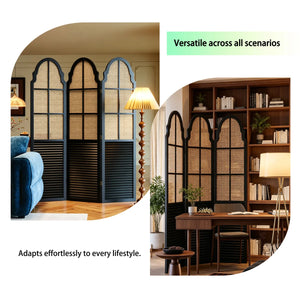 Solid Wood Rattan Foldable Movable Privacy Screen  Wooden Bazar