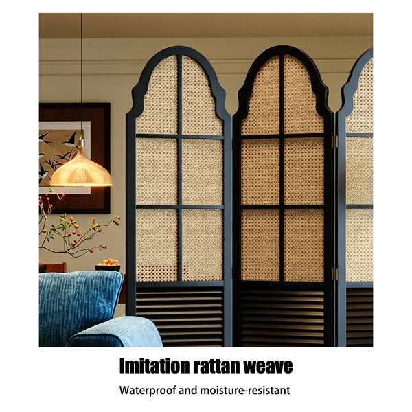 Solid Wood Rattan Foldable Movable Privacy Screen  Wooden Bazar