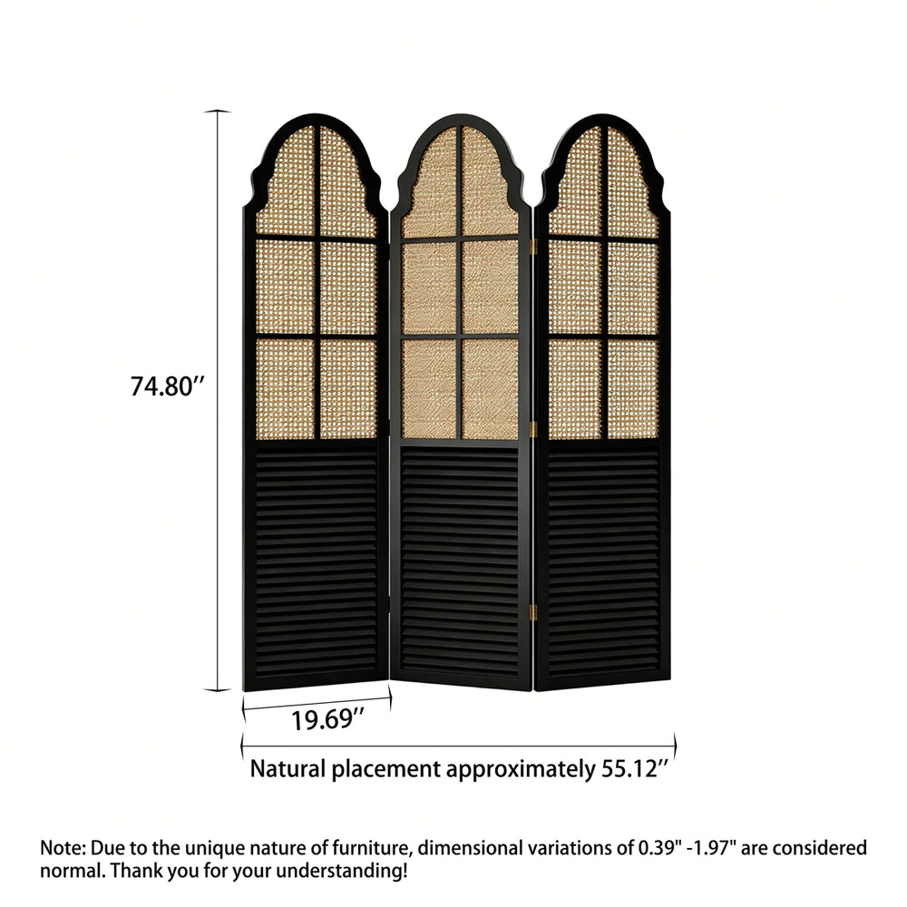 Solid Wood Rattan Foldable Movable Privacy Screen  Wooden Bazar