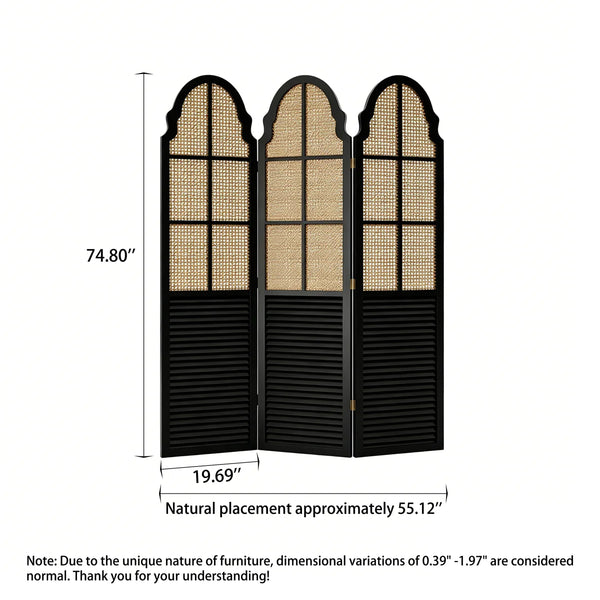 Solid Wood Rattan Foldable Movable Privacy Screen  Wooden Bazar