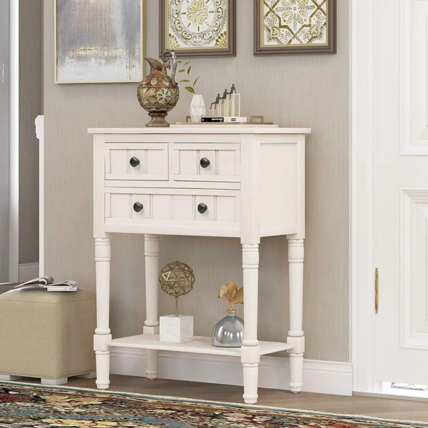 Modern Rustic Narrow Console Table with 3 Drawers & Bottom Shelf  Wooden Bazar