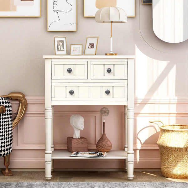 Modern Rustic Narrow Console Table with 3 Drawers & Bottom Shelf  Wooden Bazar