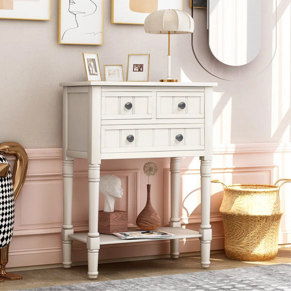 Modern Rustic Narrow Console Table with 3 Drawers & Bottom Shelf  Wooden Bazar