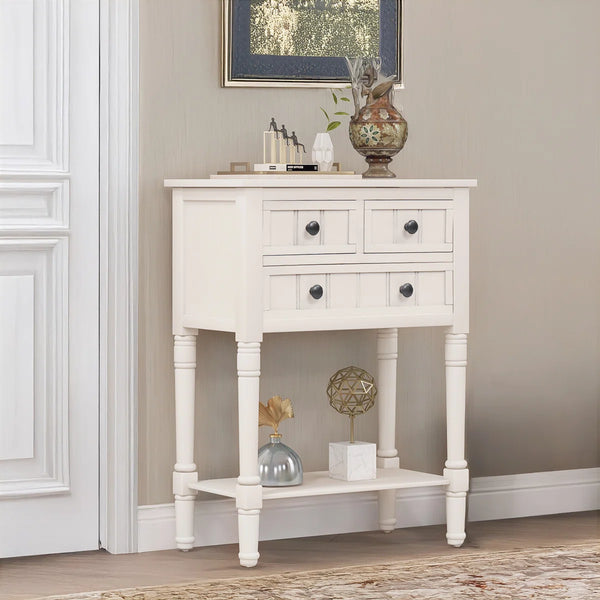 Modern Rustic Narrow Console Table with 3 Drawers & Bottom Shelf  Wooden Bazar