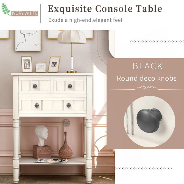 Modern Rustic Narrow Console Table with 3 Drawers & Bottom Shelf  Wooden Bazar