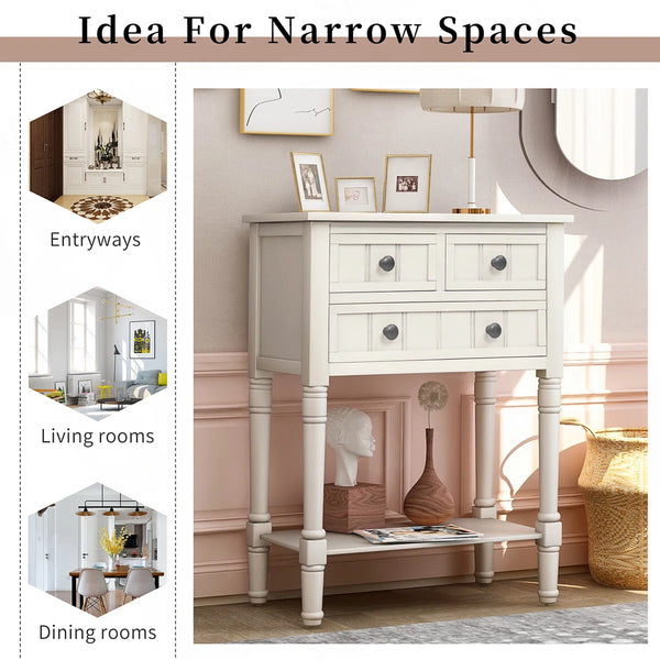 Modern Rustic Narrow Console Table with 3 Drawers & Bottom Shelf  Wooden Bazar