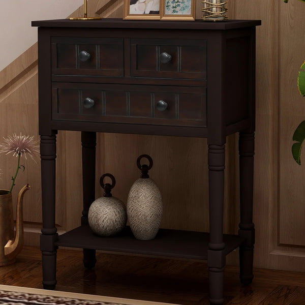 Weinman Modern Rustic Narrow Console Table with 3 Drawers & Bottom Shelf  Wooden Bazar