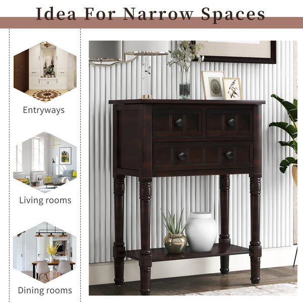 Weinman Modern Rustic Narrow Console Table with 3 Drawers & Bottom Shelf  Wooden Bazar
