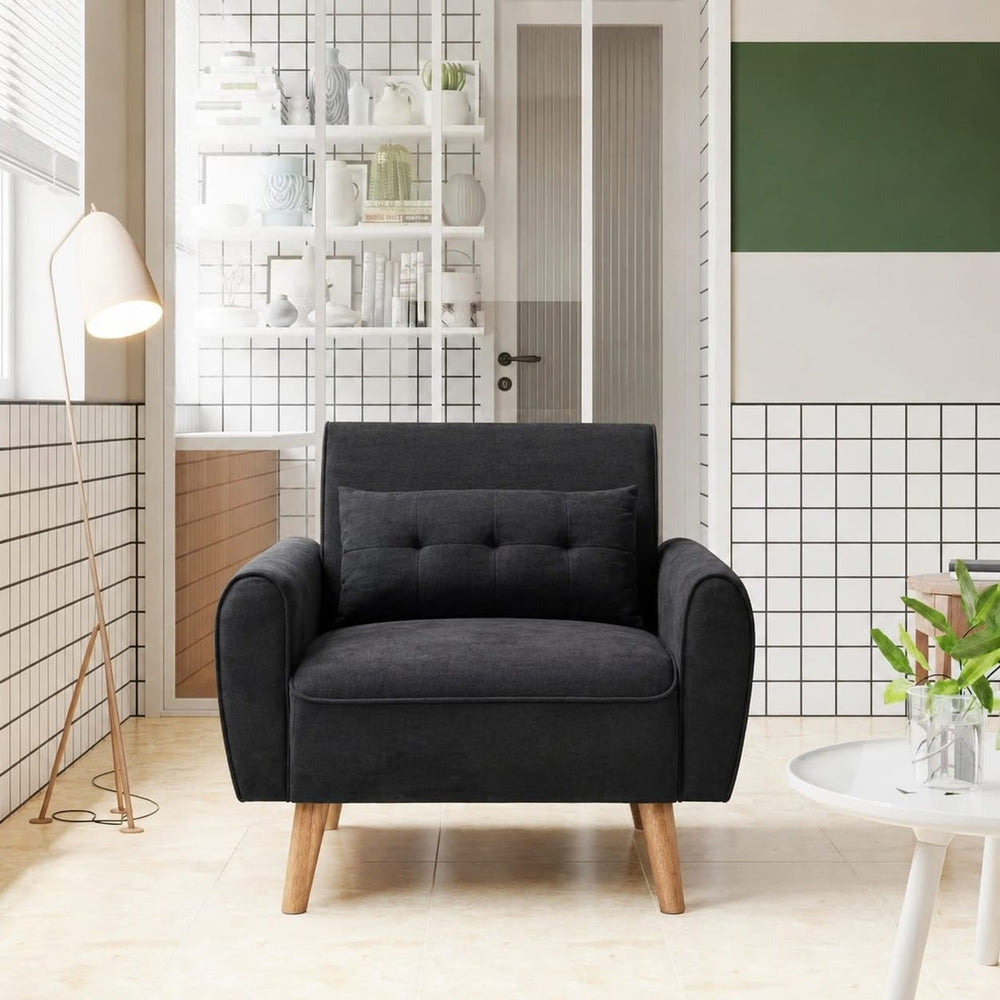 Premium Black Fabric Upholstered Single Seater Sofa Chair with Solid Wooden Legs for Living Room & Bedroom