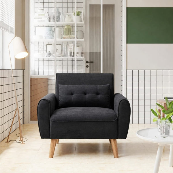 Premium Black Fabric Upholstered Single Seater Sofa Chair with Solid Wooden Legs for Living Room & Bedroom