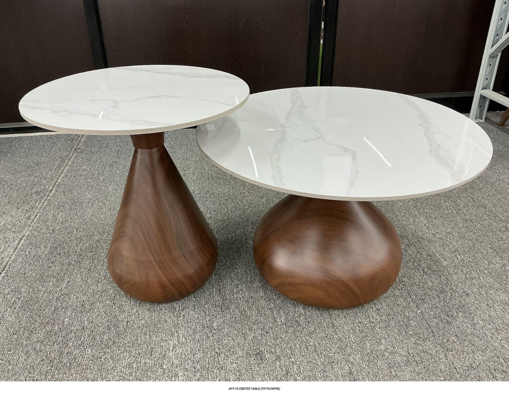 Modern Round Side Table with Wooden Top & Sculpted Black Pedestal Base