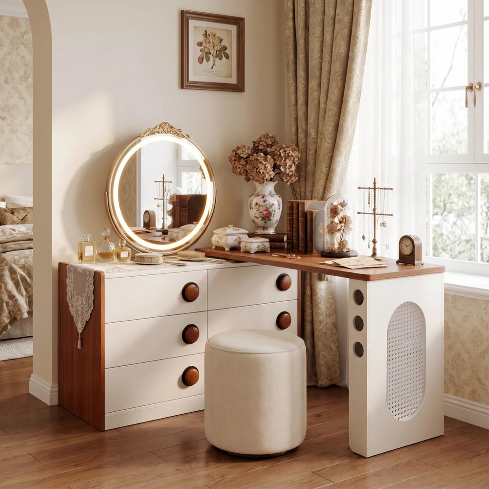 **White Convertible Rotating Vanity Desk with 90° Swivel Extendable Top, Multifunctional Makeup Table & Writing Desk with Large Storage Drawers and Decorative Mirror**  Wooden Bazar