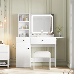 White Makeup Vanity Set with Adjustable LED Mirror, Drawers, Cabinet, Shelves, Power Outlet & Stool  Wooden Bazar