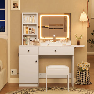 White Makeup Vanity Set with Adjustable LED Mirror, Drawers, Cabinet, Shelves, Power Outlet & Stool  Wooden Bazar