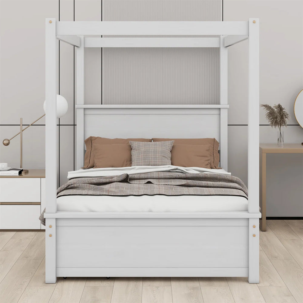 Wood Canopy Bed With Two Drawers - Wooden Bazar