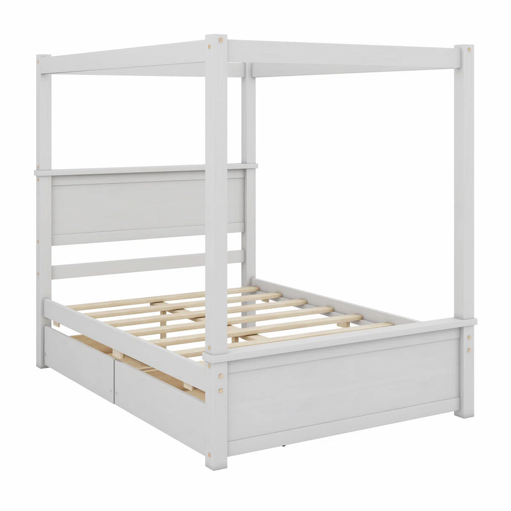 Wood Canopy Bed With Two Drawers - Wooden Bazar