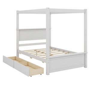 Wood Canopy Bed With Two Drawers - Wooden Bazar