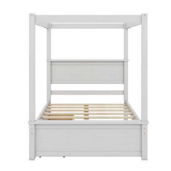 Wood Canopy Bed With Two Drawers - Wooden Bazar
