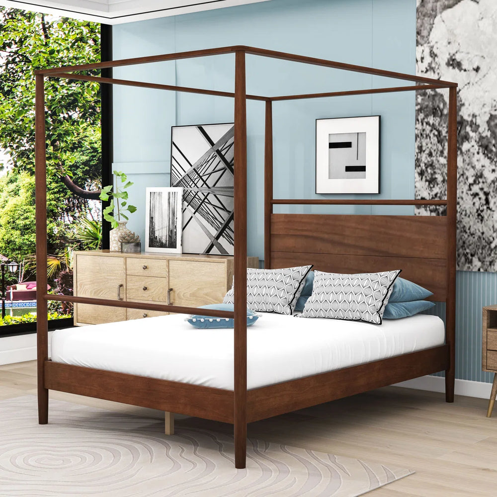 Wood Canopy Bed with Headboard - Wooden Bazar