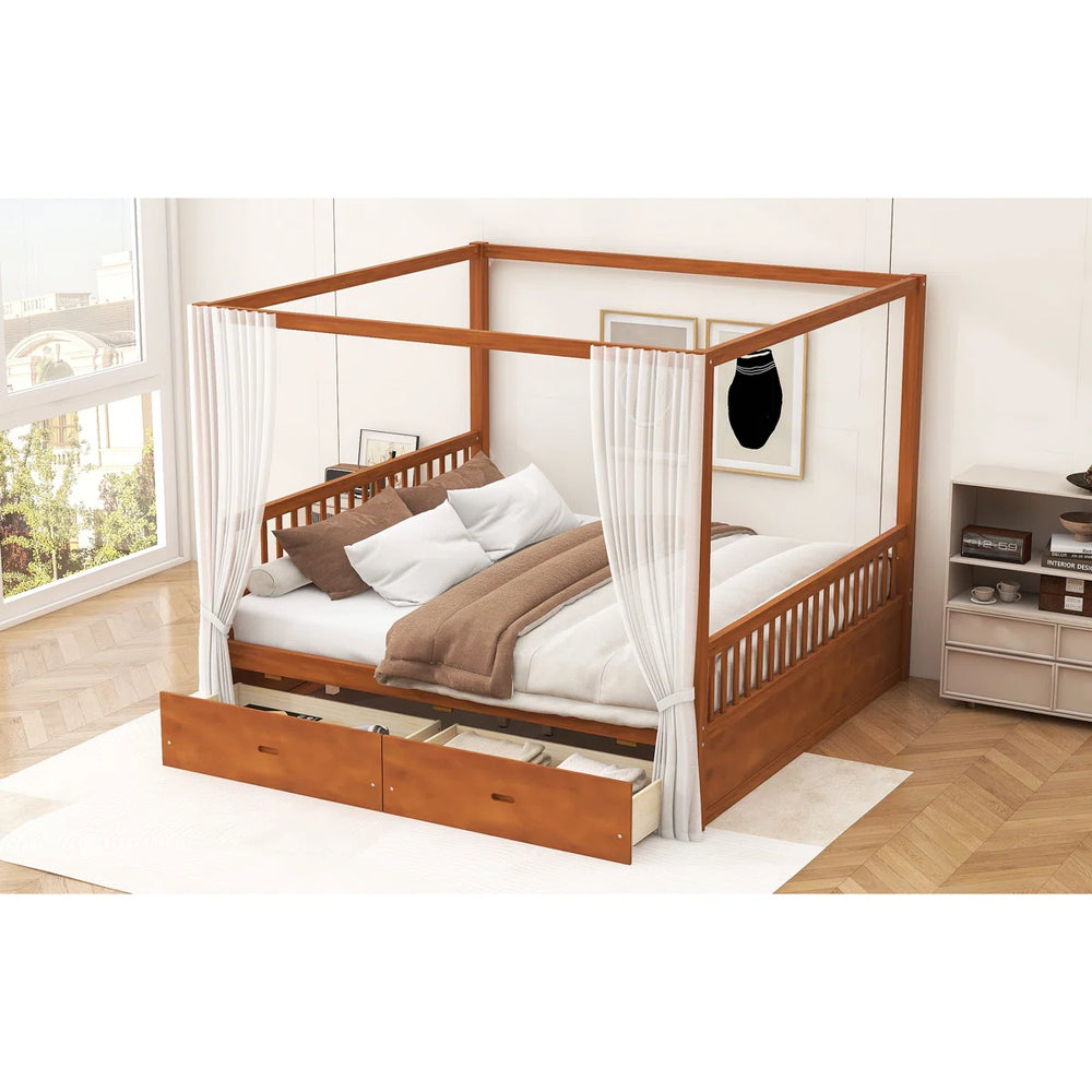 Wooden Canopy Bed With Storage Drawers - Wooden Bazar