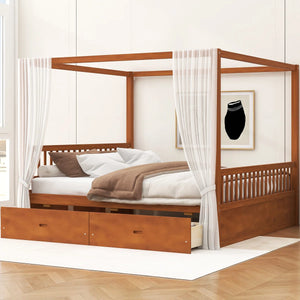 Wooden Canopy Bed With Storage Drawers - Wooden Bazar