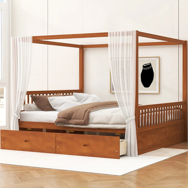 Wooden Canopy Bed With Storage Drawers - Wooden Bazar