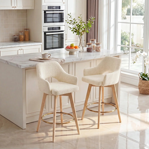 Wylee Swivel Full Back Linen Upholstered 26.8"H Counter Stool with Solid Wood Frame and Arms (Set of 2)  Wooden Bazar