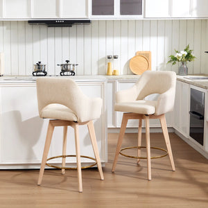 Wylee Swivel Full Back Linen Upholstered 26.8"H Counter Stool with Solid Wood Frame and Arms (Set of 2)  Wooden Bazar