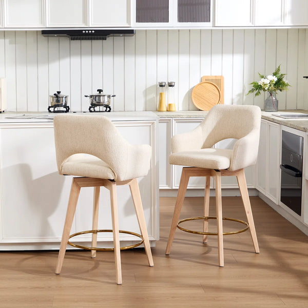 Wylee Swivel Full Back Linen Upholstered 26.8"H Counter Stool with Solid Wood Frame and Arms (Set of 2)  Wooden Bazar