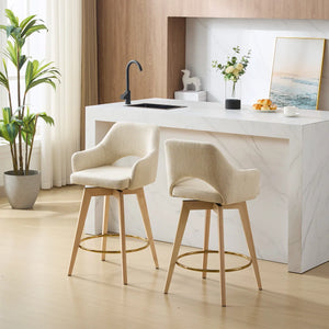 Wylee Swivel Full Back Linen Upholstered 26.8"H Counter Stool with Solid Wood Frame and Arms (Set of 2)  Wooden Bazar