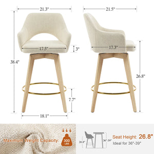 Wylee Swivel Full Back Linen Upholstered 26.8"H Counter Stool with Solid Wood Frame and Arms (Set of 2)  Wooden Bazar
