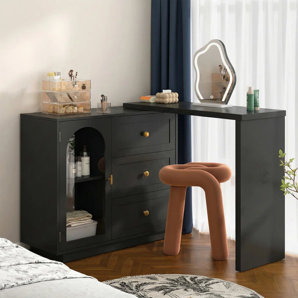 Yokota Extendable Vanity Table with 3 Drawers, Acrylic Door & Makeup Storage  Wooden Bazar