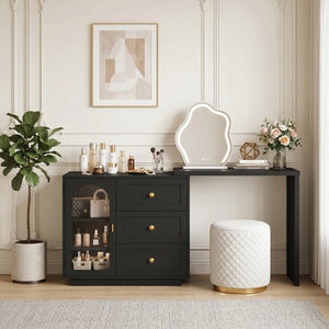 Yokota Extendable Vanity Table with 3 Drawers, Acrylic Door & Makeup Storage  Wooden Bazar