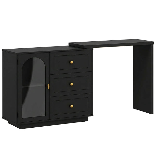 Yokota Extendable Vanity Table with 3 Drawers, Acrylic Door & Makeup Storage  Wooden Bazar