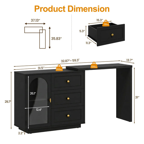 Yokota Extendable Vanity Table with 3 Drawers, Acrylic Door & Makeup Storage  Wooden Bazar