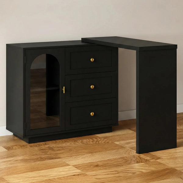 Yokota Extendable Vanity Table with 3 Drawers, Acrylic Door & Makeup Storage  Wooden Bazar