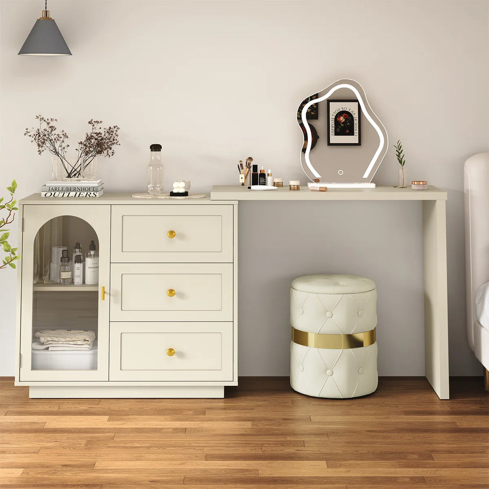 Yokota Extendable Vanity Table with 3 Drawers, Acrylic Door & Makeup Storage  Wooden Bazar