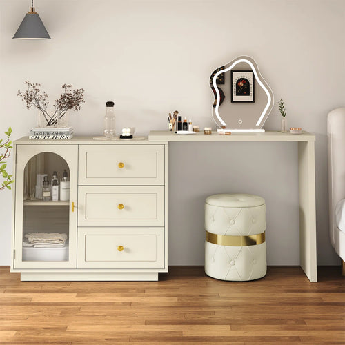 Yokota Extendable Vanity Table with 3 Drawers, Acrylic Door & Makeup Storage  Wooden Bazar