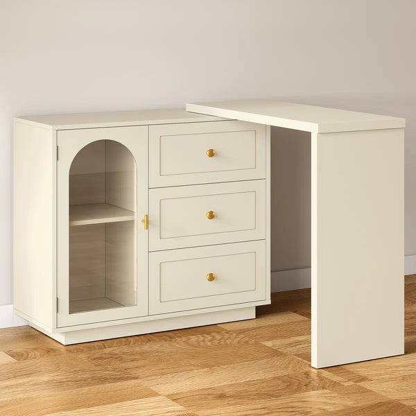 Yokota Extendable Vanity Table with 3 Drawers, Acrylic Door & Makeup Storage  Wooden Bazar