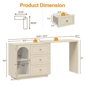 Yokota Extendable Vanity Table with 3 Drawers, Acrylic Door & Makeup Storage  Wooden Bazar