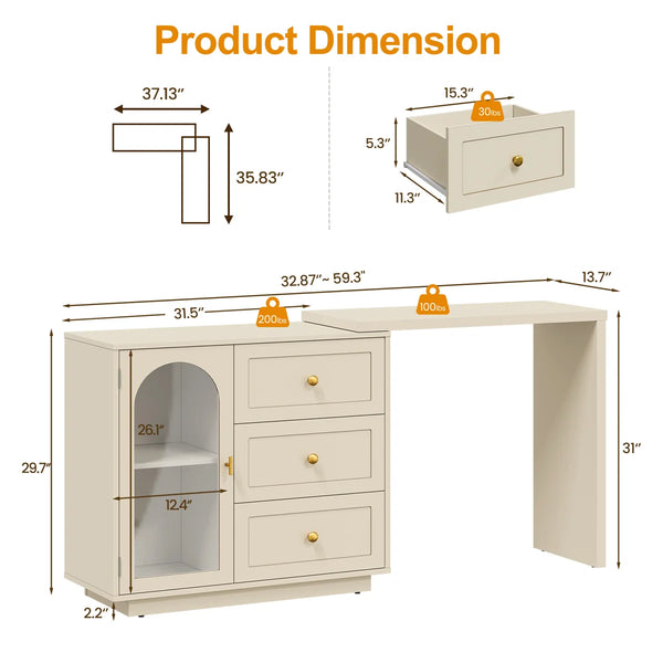Yokota Extendable Vanity Table with 3 Drawers, Acrylic Door & Makeup Storage  Wooden Bazar