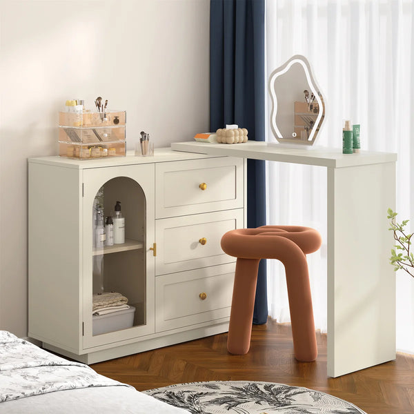 Yokota Extendable Vanity Table with 3 Drawers, Acrylic Door & Makeup Storage  Wooden Bazar