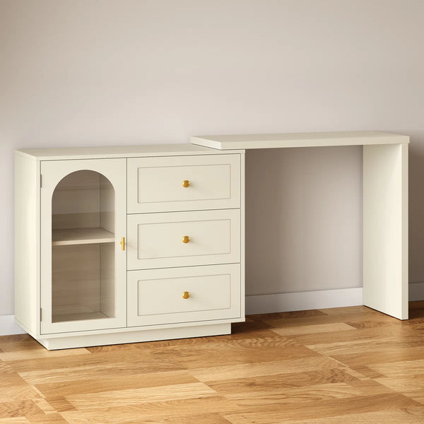 Yokota Extendable Vanity Table with 3 Drawers, Acrylic Door & Makeup Storage  Wooden Bazar