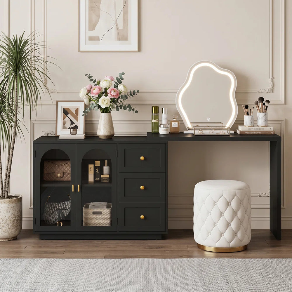 Yokota Extendable Makeup Vanity with 3 Drawers and 2 Acrylic Doors  Wooden Bazar