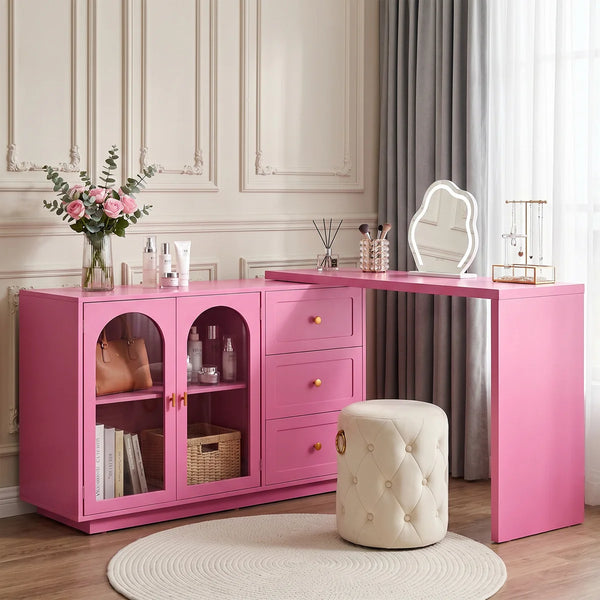 Yokota Extendable Makeup Vanity with 3 Drawers and 2 Acrylic Doors  Wooden Bazar