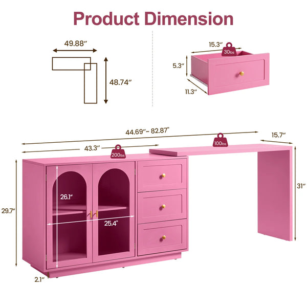 Yokota Extendable Makeup Vanity with 3 Drawers and 2 Acrylic Doors  Wooden Bazar